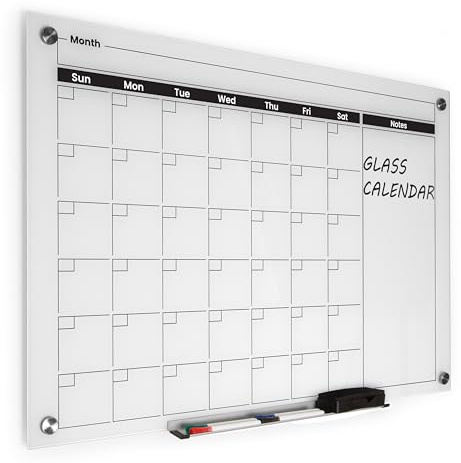 Real Glass Dry Erase Monthly Calendar, Extra Large 24 x 36, Tempered Glass Surface, Frameless Wall Mount, with 4 Assorted Color Markers and Eraser, by Better Office Products (Bright White)