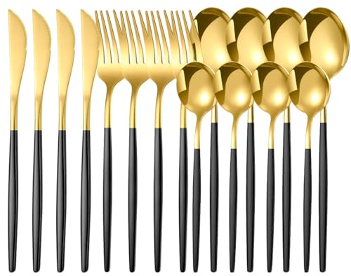 Matte Black and Gold Silverware Set, 16pcs Stainless Steel Flatware Set for 4,Kitchen Utensil Set, Tableware Cutlery Set, Knife Spoons and Forks Set, Dishwasher Safe