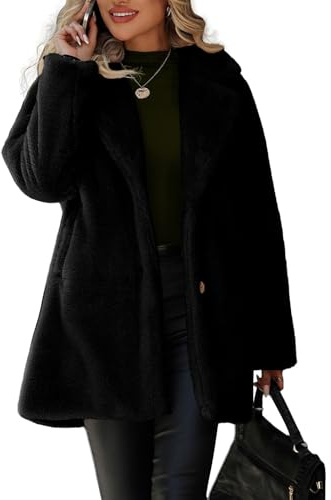 Vipwest Women's Faux Fur Coat Winter Warm Button Up Thicness Fuzzy Fleece Jacket with Pockets (Black, X-Large)