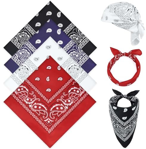Awumbuk 4 Stück Bandana, Kopftuch Herren Sommer Halstuch Herren Piraten Paisley Muster Bandanas Damen Kinder Kopftücher Haar Schal Kopf Biker 55 * 55 Cm (Rot Weiß Schwarz Blau)