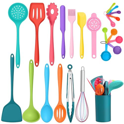 Kitchen Utensils Set, Homikit 24 Piece Silicone Cooking Utensils Set with Holder, Non-Stick Spatula Spoons Turners Safe for Cookware, Healthy, Heat Resistant & Dishwasher Safe - Multicolor