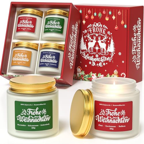 VEGISHINE Duftkerze Weihnachten, Duftkerze Set 4 Stück, Duftkerzen im Glas Weihnachten, Weihnachtsgeschenke für Frauen, Kleine Weihnachtsgeschenke für Männer, Kerzen Weihnachtsmotive, 4 Düften