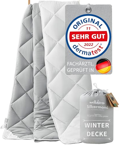 Welldora OPTICLIMA Allergiker Bettdecke 135x200 Winter | Fachärztlich geprüft | Made in Green Oeko-Tex zert. in der Schweiz | Ultra warme Winterdecke | Wendedecke Silbergrau-Weiß | Premium Steppdecke