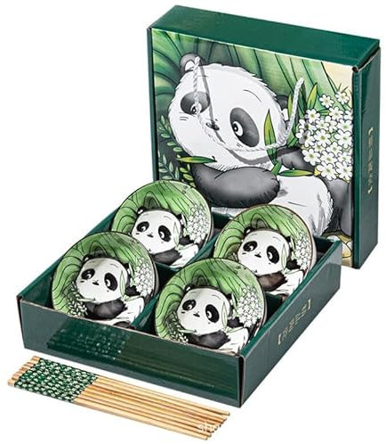 EatingBiting 4 Schalen & 4 Paar Essstäbchen Panda Porzellan Reis Suppe Salatschüsseln Keramikschalen Reisschale Müsli für Küche Verschiedene Designs Mikrowellen- Spülmaschinenfest mit Geschenkbox