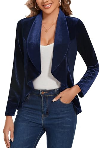 LADI TREND Velvet Blazer Long Sleeves Ruffle Suits Jackets Business Wedding Retro Vintage Evening Casual Outerwear Top Parties (Navy Blue M)