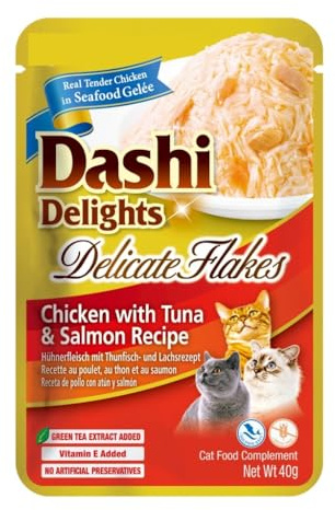 Comida Húmeda para Gato Dashi Delicate | Alimento Complementario | Altamente Hidratante | 12 x 40 Gr | Varios Sabores | (12x40Gr, Pollo, Atún Y Salmón)