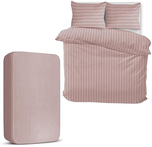 MOONLIGHT20015 King Size Duvet Cover Sets 4 Piece Satin Stripe Duvet Covers Soft Brushed Microfiber Bedding Set with Fitted Sheet & 2 Pillow Cases (Peach, 230x220 cm)