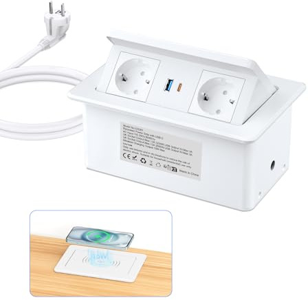 Ciabatta elettrica da incasso con USB C PD 20 W e 15 W, caricatore senza fili, da incasso, con USB C, colore bianco, per piano di lavoro, divano, ufficio, 2 m di cavo