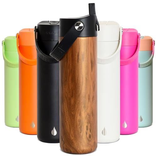 Elemental Insulated Kids Water Bottle, Stainless Steel Water Bottle with Straw Lid & Pop-It Handle, Leak-Proof Water Bottles for School, Boys or Girls, Travelling and Sports, 709ml - Teak Wood