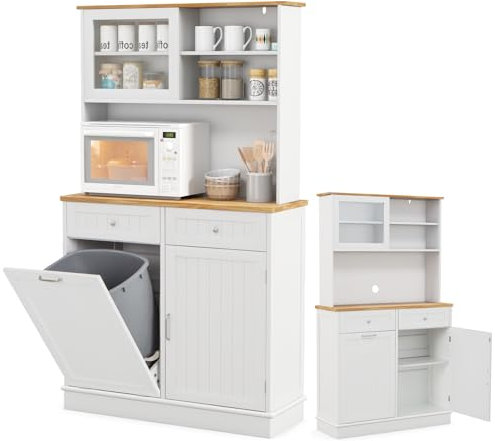 KOMFOTTEU Küchenschrank mit Abfalleimerhalter, Buffetschrank mit Arbeitsplatte aus Gummiholz, Vitrinenschrank Hochschrank mit 2 Schubladen & Schrank, Sideboard Organizer mit verstellbaren Regalen