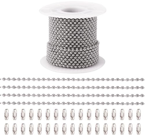 PandaHall - Catena a sfere in acciaio inossidabile 304, 10 m, con 50 chiusure a connettore abbinate da 2,4 mm, per la creazione di gioielli, collane, bracciali, etichette, catenine, 10 m