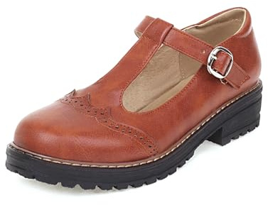 GooMaShoes Women's T Strap Buckle Oxford Mary Jane Shoes, Brogue Low Chunky School Oxford Shoes, Platform Heels Oxfords Pumps (Brown, UK 6)