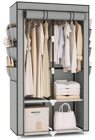 Vicye Armadio a Risparmio di Spazio, Armadio in Tessuto con 2 Barre Appendiabiti, 4 Ripiani e 6 Tasche Laterali, Armadio per Camera da Letto, Dormitorio o Spogliatoio, Grigio(90 x 45.5 x 172 cm)