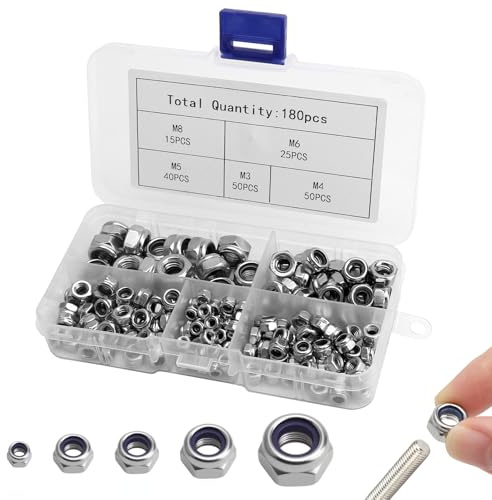 ZMDMAH Juego de 180 Tuercas Hexagonales, M3 M4 M5 M6 M8 Kit de Surtido de la Tuercas de Bloqueo de Nylon, Tuerca Hexagonales para Pernos de Tornillo Tuerca Hexagonale Pequeñas Rosca Gruesa