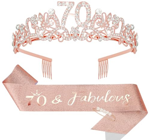 KIUEZIR Ensemble couronne et écharpe d'anniversaire en or rose – Diadème en alliage durable et fleurs en strass avec peignes antidérapants, écharpe à paillettes et épingle à perles pour décoration 70e