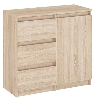 KOMTO Kommode mit 3 Schubladen und Türen – Komodenschrank Sonoma Eiche für Schlafzimmer, Wohnzimmer oder Flur|Sideboard PIKO 80,4 x 35 x 74,5 cm