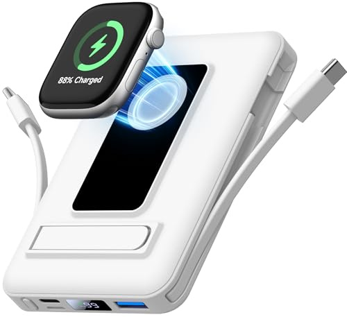 Vexnara para Magsafe Powerbank, 10000mAh Magnético Bateria Externa Carga Rapida, Inalámbrica Bateria Portatil con Cables, Bracket y Pantalla LED para iPhone 17-12 Series et Apple Watch Series(Blanco)
