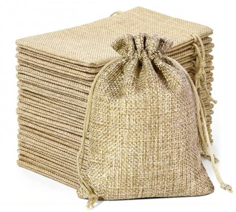 SZMK 24 PCS Bolsas de Yute 10 X 14 CM,Bolsitas de Tela Regalo con Cordón,Bolsas JoyeríA de Arpillera para Rellenar,Saquitos de Tela para Lavanda Reutilizable para Especias, Té, Snacks - Color lino