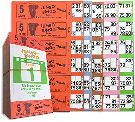 Jumbo Bingo 750 Books 5 Page Game Strips of 6 TV Ticket Sheet Big Bold Numbers