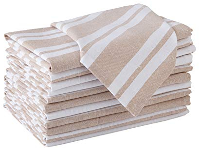 Encasa XO Cotton Cloth Napkins Set of 12, 43x43 cm | Washable & Reusable Dinner Napkins White & Franca Beige Stripes Table Napkins For Dining Table Fall Decoration, Holiday & Christmas Festivals