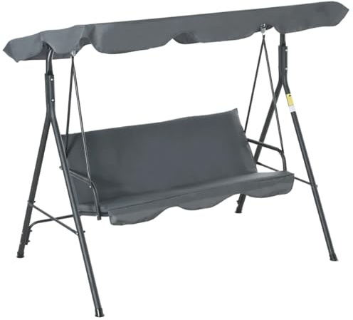 3 Seater Garden Swing Chair - Grey Seat Hammock Swinging Metal Terrace Shade Sun Protection Canopy Bench | Thick Padded Cushion | Waterproof Outdoor Garden | Adjustable Canopy