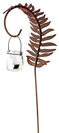 Gartenstecker Farn Blatt, klein mit Windlicht im Rost Design, Farn Rostfigur für den Garten, Gartendeko
