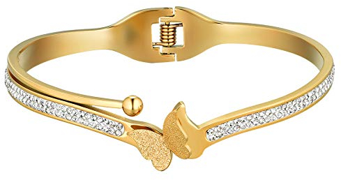 JewelryWe Schmuck Armreif Damen Schmetterling Zirkonia Edelstahl Armband Armspange mit Gravur Geschenk für Frauen Mädchen Muttertag Valentinstag Gold