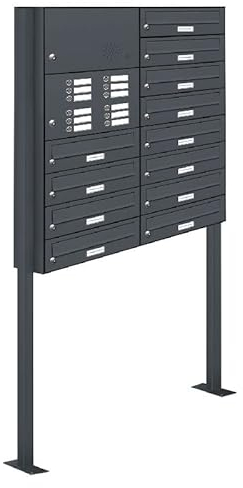 AL Briefkastensysteme 12er Standbriefkasten mit Klingel Standbriefkasten mit Klingel in Anthrazit Grau RAL 7016 12 Fach DIN A4 wetterfest Premium Briefkastenanlage