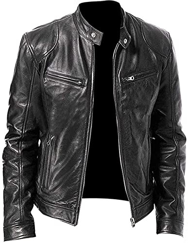 Fashion_First Giacca in pelle da motociclista vintage da uomo, stile retrò, giacca in pelle di pecora per uomo casual, Nero , XXS