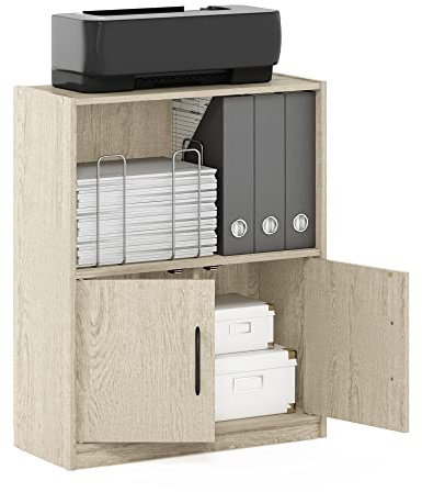 Furinno GRUEN Book Shelf, 2-Tier Bookshelf, Bookcase with Open Shelf with 2 Doors Storage Cabinet, 9.3 x 21.8 x 27, for Living Room, Bedroom, Home Office, Metropolitan Pine