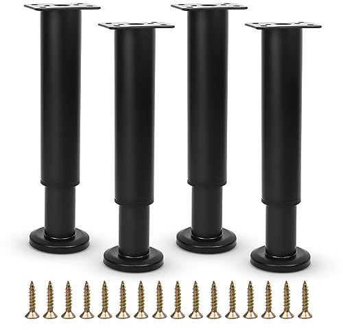 Furniture Adjustable Legs, Metal Bed Support Leg Replacement Central Slat Frame Couch Support Leg Parts Retractable Heavy Duty Furniture Foot for Sofa/Dresser/Table/Cabinet 18-32 CM (4 Pcs Black)