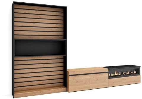 Skraut Home | Ensemble Meuble TV | Meuble Salon Complet | 310x186x35cm | pour Les TV jusqu'à 80 | Cheminée électrique | Style Moderne | Chêne et Noir