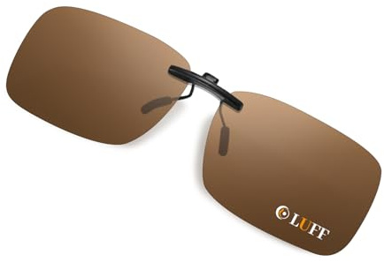 LUFF polariserade clip-on-solglasögon över receptbelagda glasögon för män och kvinnor, körning/fiske, antireflexbehandling | 100% UV400-skydd, brun, 60 * 41 mm