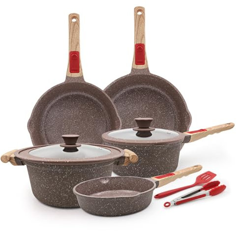 AIKENBBKK Keramik Topf und Pfannenset 9-Teilig, Pfanne mit Deckel 20/24/28cm, Stielkasserolle 20cm, Topf 4.7L, Antihaft Keramikbeschichtung Kochgeschirr-Set mit Abnehmbarer Griff- Braun