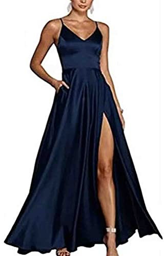 ECDAHICC Frauen Italienische Nudel Verstellbare Riemen Ball Kleid High Neck V-Ausschnitt Satin Tasche Formale Party Abendkleid ZQ-XS