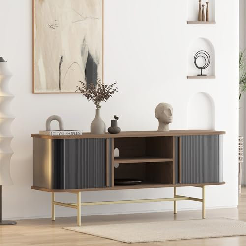 roomfitters Mid-Century Modern TV-Ständer mit Rollladentür für Fernseher bis zu 65, Sideboard Buffet Rollladenschrank mit Schiebetür, Entertainment-Center für das Wohnzimmer, Medienkonsole