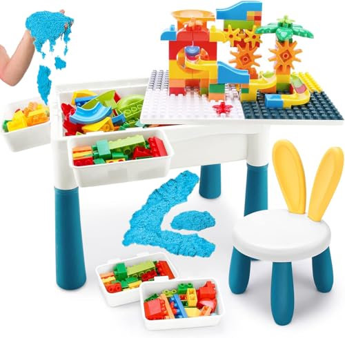 COO11 Kids 85 PCs Building Blocks, Table Chair Set, Construct Race Track Playset, 2 x 500g Magic Motion Sand Large Storage Space Stable Non-Slip Activity Learning Table for Toddlers Ages 3+