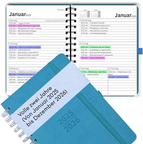 DIN A5 Terminplaner Jan 2025 – Dez 2026 2-Jahres-Kalender auf Deutsch, Terminkalender Wochen-Planer, Agenda & Organizer, Wochenkalender Buchkalender mit Kunstleder-Hardcover & 120 g/m² Papier