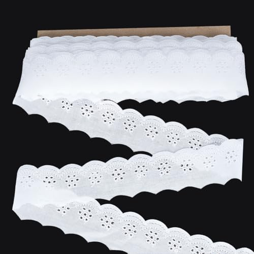 FINGERINSPIRE Ribete de encaje de algodón, 14,6 m, 45 mm de ancho, ojales blancos, bordado, flores, cinta de encaje de algodón, borde ondulado, ojales, ribetes de encaje para ropa, costura,