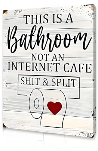 Qiukoo Retro Bathroom Sign with Wooden Frame – Humorous Toilet Wall Art for Bathroom Decor, Moisture-Resistant Canvas Picture Gift for Home Wall Decorations, 12x16 Inch