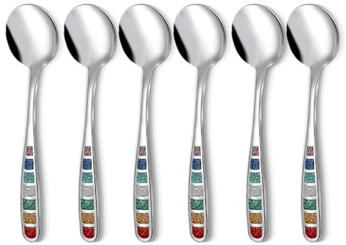 YIHOR Lot de 6 cuillères à soupe européennes de qualité supérieure de 18,4 cm, en acier inoxydable, en émail coloré, passent au lave-vaisselle