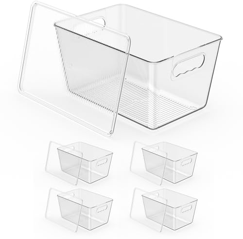KJIXYUNG Kühlschrank Organizer, Aufbewahrung Kühlschrank, Stapelbar Küchen Organizer für den Einsatz in Kühlschränken, Schränken, Küchen und Schubladen BPA frei (4 Stück mit Deckel, L(30x20x15CM))