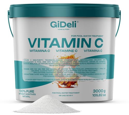 GiDeli Polvo de vitamina C, 3 kg, técnicamente altamente pureza, para neutralización del cloro, para piscina, spa, jacuzzi, acuario, agua de estanque
