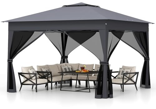 COSTWAY 3.3M X 3.3M Pop up Gazebo, 3 Height Adjustable Pavilion Canopy Tent with Mesh Netting, Double Roof and Carry Bag, Outdoor Garden Backyard Sun Shelter (Grey, 338 x 338 x 260 cm)