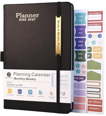 Agenda 2026-2027 - Agenda da 18 mesi da gennaio 2026 a metà anno giugno 2027, formato A5, visualizzazione settimanale, pianificatore settimanale e mensile con copertina in pelle, anello per penna