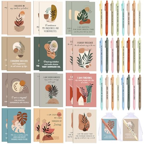 Mooliwe 12 Set/24 Pcs Positive Affirmation Gift Set Gratitude Notebooks with Pens Small Bags Motivational Encouragement Notepads Daily Affirmations Journal for Women Stress Relief Self Care(Plant)