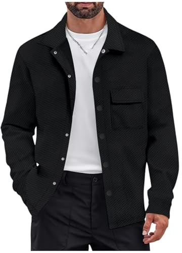 QUNPIU Mens Casual Shacket Lightweight Loose Long Sleeve Button Down Lapel Collar Textured Shirt Jacket with Pocket