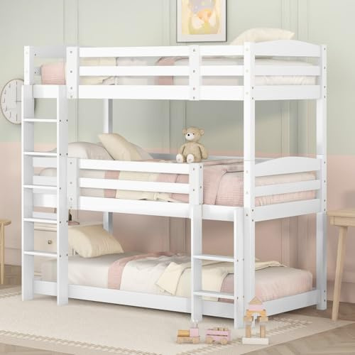 EURHCIO Lit Superposé 3 Places Divisibles,Lit Superposé Enfant 90x200 avec Sommier à Lattes Robuste,Haute Barrière de lit,Pin,pour Enfants Adolescents (Blanc)