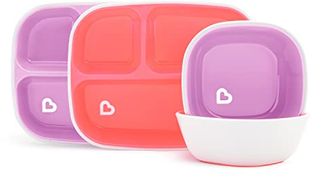 Munchkin Splash 4-teiliges Kleinkind Geteiltes Teller und Schalen Essset | Baby Essenset mit 2 Baby Tellern & 2 Baby Schalen | Set für 6+ Monate | BPA-frei - Rosa/Lila