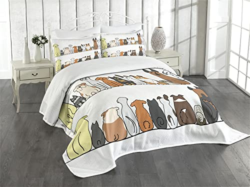 ABAKUHAUS Hund Tagesdecke Set, Hundefamilie in Einer Reihe, Set mit Kissenbezügen Waschbar, für Einselbetten 170 x 220 cm, Braun Gelb